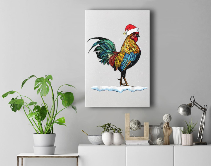 Rooster Santa Hat Merry Christmas Matching Family Pajama Premium Wall Art Canvas Decor-New Portrait Wall Art-White