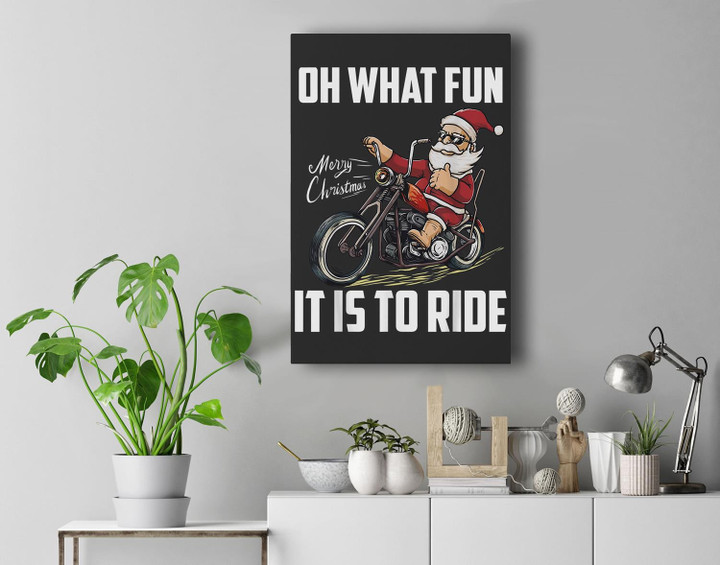 Santa Claus Riding Motorcycle Bike Cool Biker Christmas Premium Wall Art Canvas Decor-New Portrait Wall Art-Black