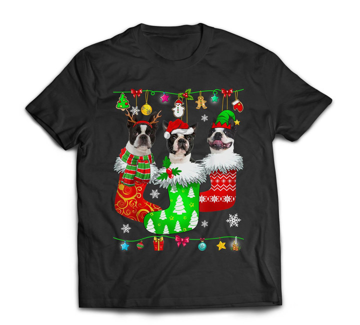 Christmas Socks Pajama Boston Terrier Dog Puppy Lover T-shirt-Men-Black