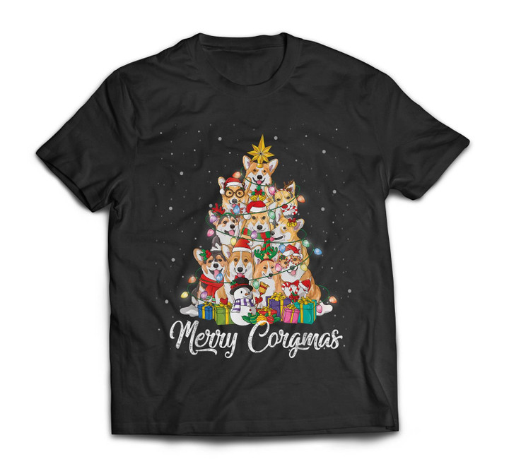 Merry Corgmas Corgi Christmas Tree Fairy Lights Dog Lover T-shirt-Men-Black