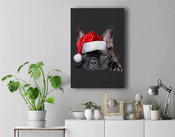 Cute French Bulldog Santa Hat Frenchie Image Christmas Gift Premium Wall Art Canvas Decor-New Portrait Wall Art-Black