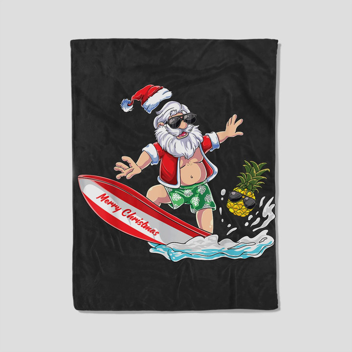 Surfing Santa Beach Holiday Plams Christmas in July Surf Fleece Blanket-30X40 In-Black