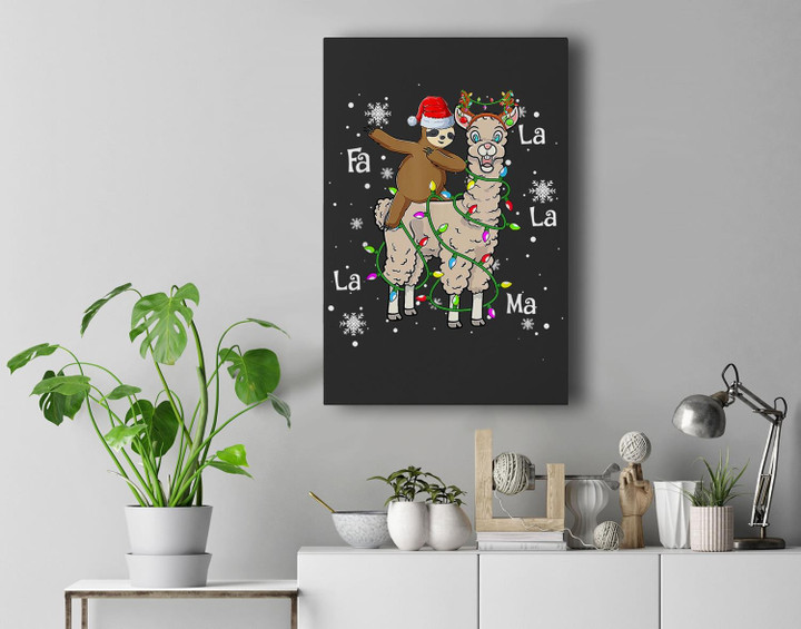 Cute Santa Sloth Riding Llama Christmas Lights Pajamas Xmas Premium Wall Art Canvas Decor-New Portrait Wall Art-Black