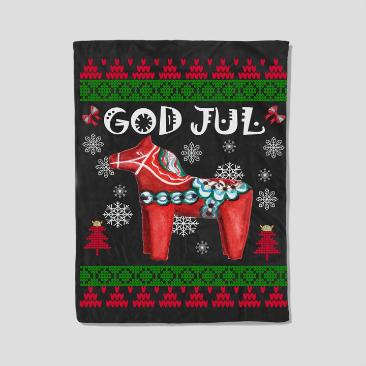 God Jul Ugly Christmas Scandinavian Dala Horse Fleece Blanket-30X40 In-Black
