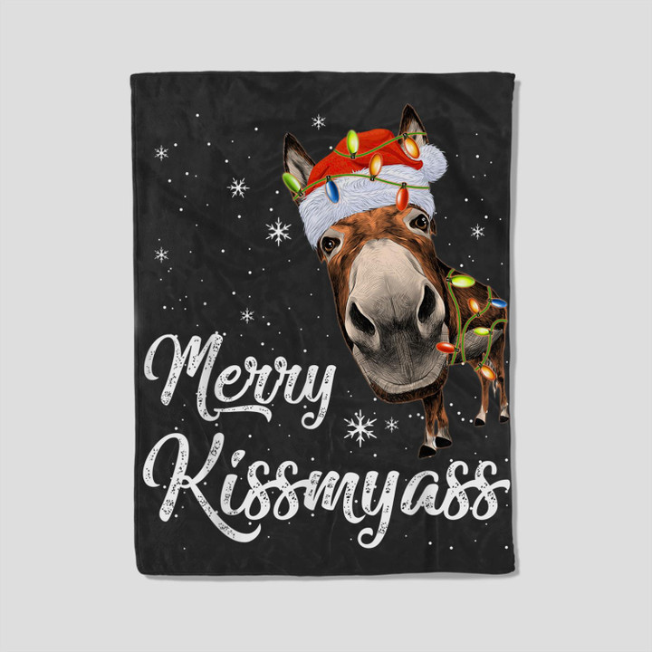 Merry Kissmyass Funny Donkey Lover Sarcastic Merry Christmas Fleece Blanket-30X40 In-Black