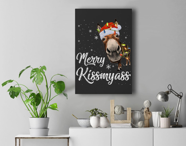 Merry Kissmyass Funny Donkey Lover Sarcastic Merry Christmas Premium Wall Art Canvas Decor-New Portrait Wall Art-Black