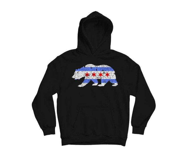 Chicago City Flag Distressed Bear Gift Youth Hoodie & T-Shirt-Youth Hoodie-Black
