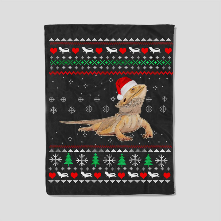 Cute Bearded Dragon Santa Hat Christmas Ugly Fleece Blanket-30X40 In-Black