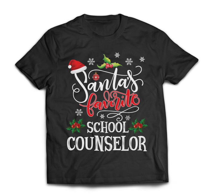 Santa's Favorite School Counselor Funny Christmas Light Xmas T-shirt-Men-Black