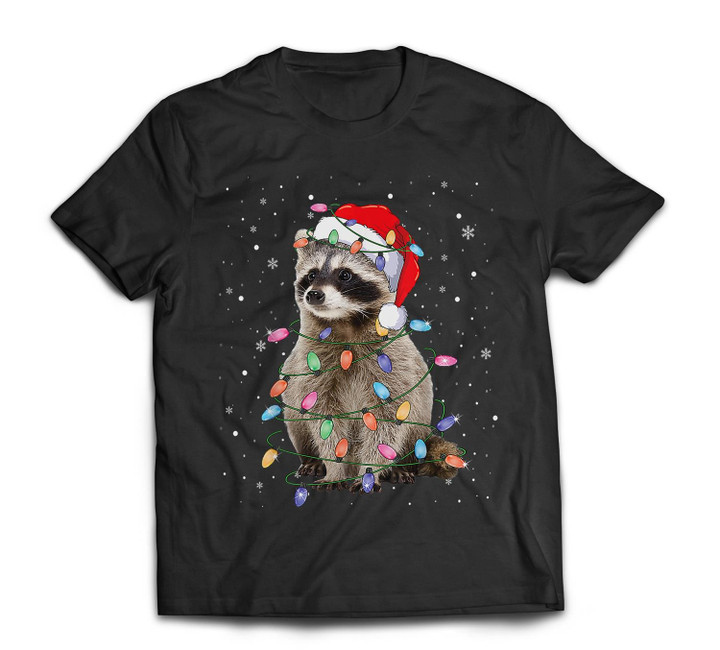 Raccoon Christmas Tree Lights Pajama Racoon Lover Xmas T-shirt-Men-Black