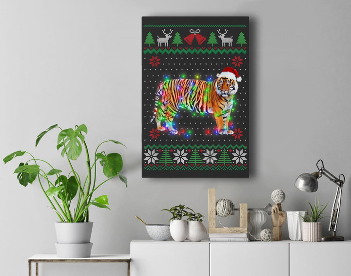 Tiger Animal Ugly Sweater Christmas Puppy Animal Lover Premium Wall Art Canvas Decor-New Portrait Wall Art-Black