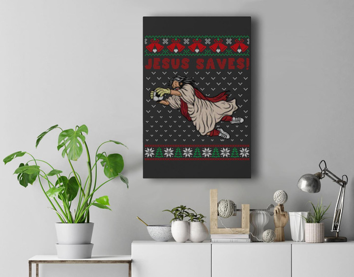 Jesus Saves Soccer Goal Keeper Ugly Christmas Sweater Premium Wall Art Canvas Decor-New Portrait Wall Art-Black