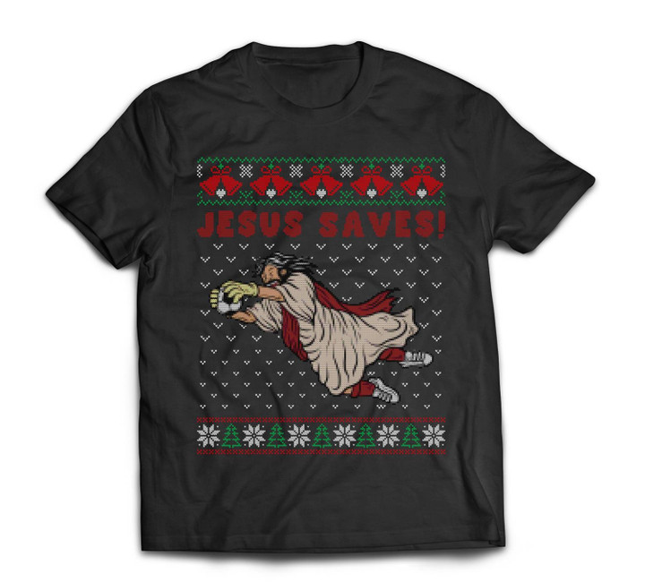 Jesus Saves Soccer Goal Keeper Ugly Christmas Sweater T-shirt-Men-Black
