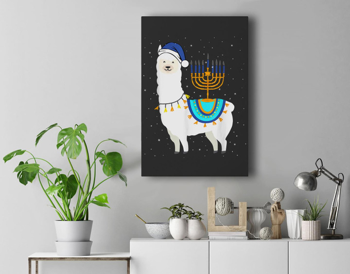Menorah Hanukkah Llama Cute Alpaca Chanukah Christmas Pajama Premium Wall Art Canvas Decor-New Portrait Wall Art-Black