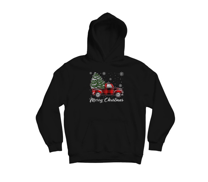 Buffalo Plaid Christmas Tree Vintage Red Truck Xmas Pajama Youth Hoodie & T-Shirt-Youth Hoodie-Black