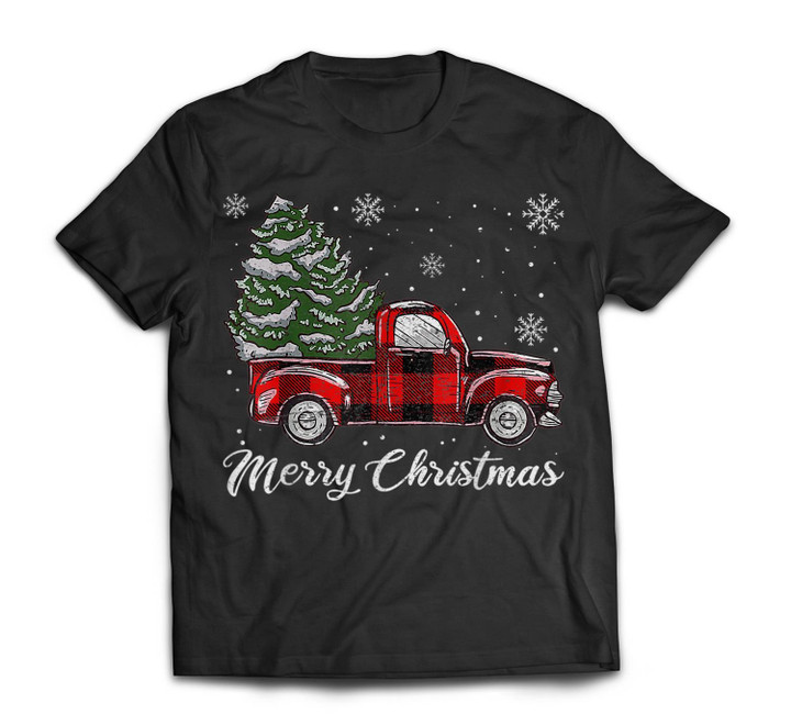 Buffalo Plaid Christmas Tree Vintage Red Truck Xmas Pajama T-shirt-Men-Black