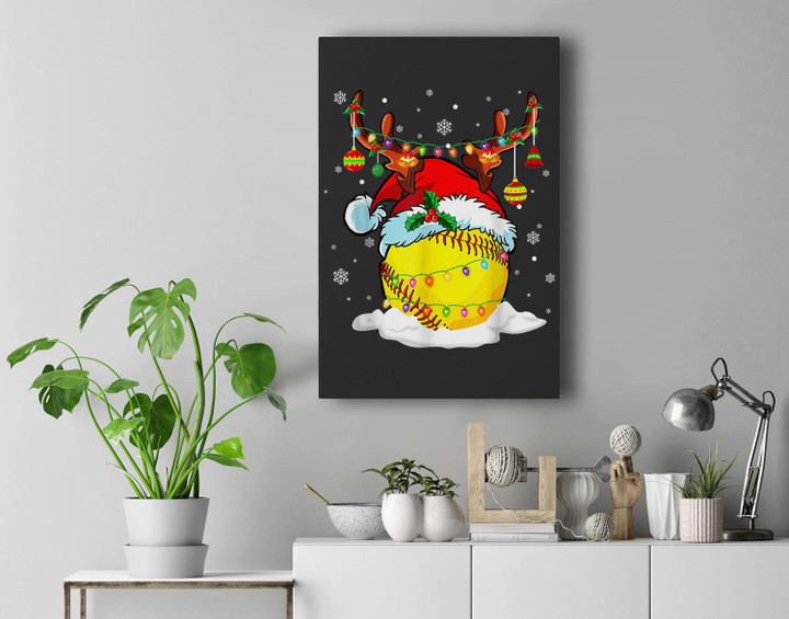Reindeer &amp; Santa Hat Softball Funny Softball Mom Christmas Premium Wall Art Canvas Decor-New Portrait Wall Art-Black