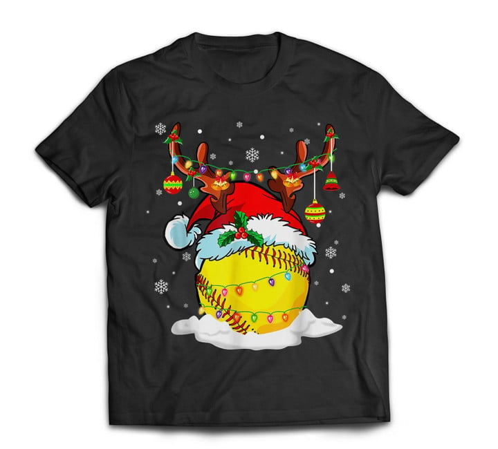 Reindeer &amp; Santa Hat Softball Funny Softball Mom Christmas T-shirt-Men-Black