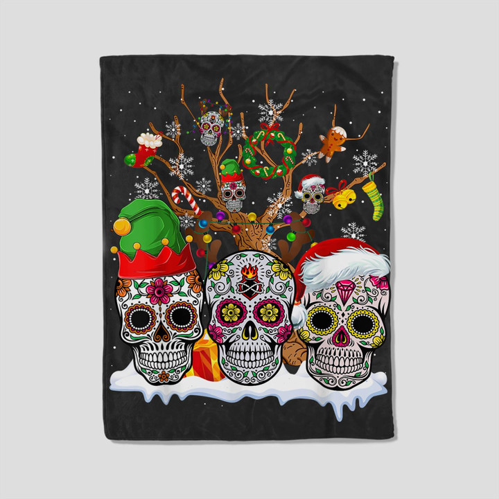 Sugar Skull On Tree Funny Santa ELF Christmas Pajama Gifts Fleece Blanket-30X40 In-Black