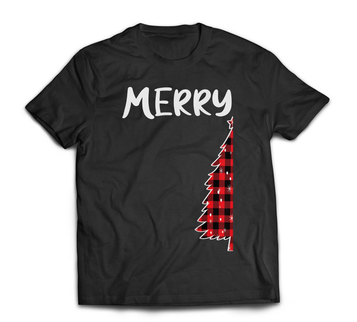 Merry Christmas Tree Buffalo Plaid Xmas Couples Matching T-shirt-Men-Black