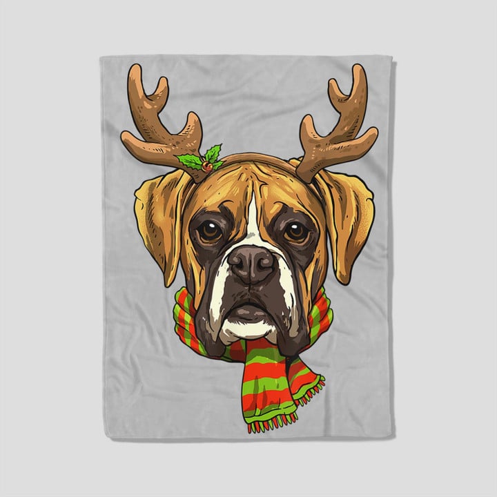 Boxer Christmas Reindeer Antlers Dog Xmas Fleece Blanket-30X40 In-White