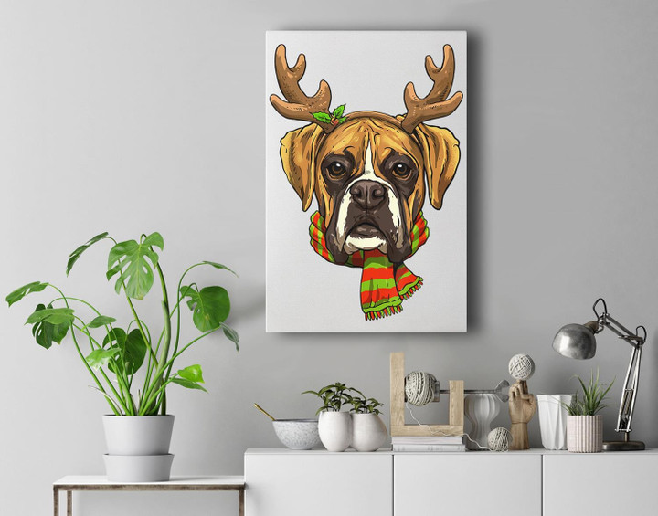 Boxer Christmas Reindeer Antlers Dog Xmas Premium Wall Art Canvas Decor-New Portrait Wall Art-White