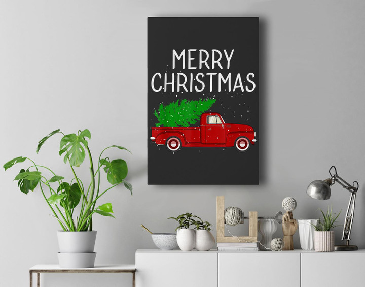 Merry Christmas Vintage Red Truck With Tree Family Matching Premium Wall Art Canvas Decor-New Portrait Wall Art-Black