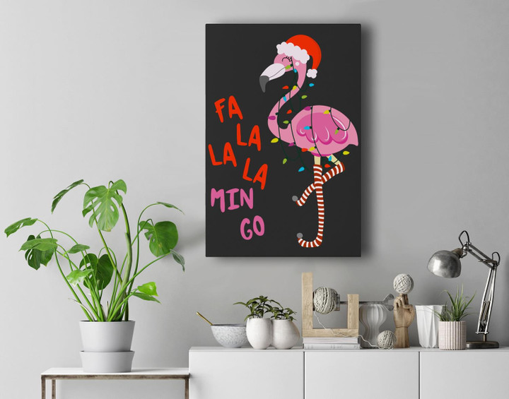 Fa La La Mingo Flamingo Christmas Tree Lights Tropical Xmas Premium Wall Art Canvas Decor-New Portrait Wall Art-Black