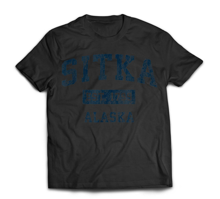 Sitka Alaska AK Vintage Sports Design Navy Print T-shirt-Men-Black