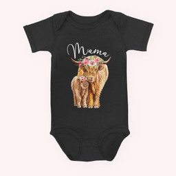 Mama Highland Cow With Baby Calf Floral Mothers Day Mom Gift Baby & Infant Bodysuits-Baby Onesie-Black