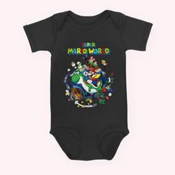 Super Mario World Yoshi &amp; Mario Around The World Baby & Infant Bodysuits-Baby Onesie-Black