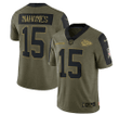 Kansas City Chiefs Patrick Mahomes 15 NFL Olive 2021 Salute To Service Limited Player Men Jersey For Chiefs Fans