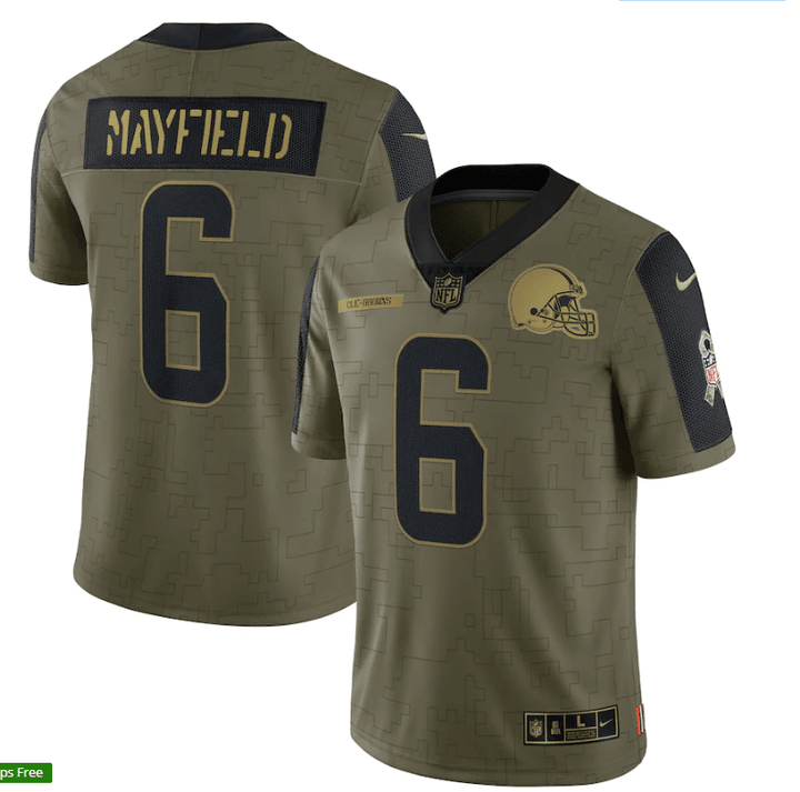 Cleveland Browns Baker Mayfield 6 NFL Olive 2021 Salute To Service Player Men Jersey For Browns Fans
