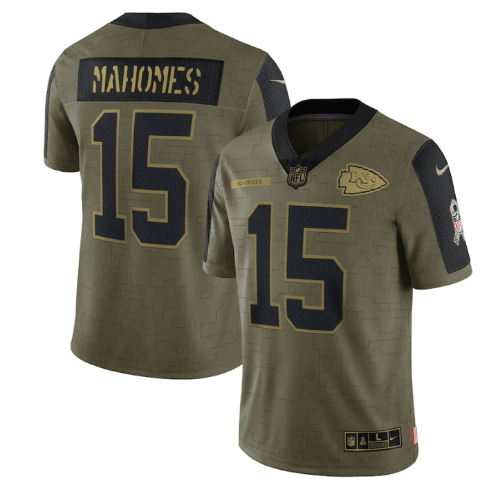 Kansas City Chiefs Patrick Mahomes 15 NFL Olive 2021 Salute To Service Limited Player Men Jersey For Chiefs Fans