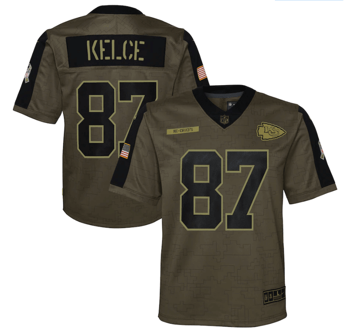Kansas City Chiefs Travis Kelce 87 NFL Olive 2021 Salute To Service Game Men Jersey For Chiefs Fans