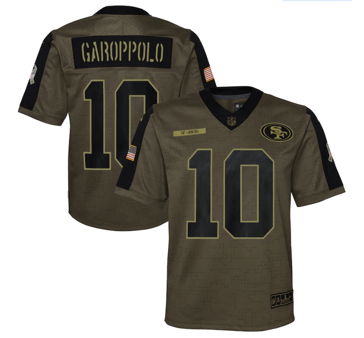 San Francisco 49ers Jimmy Garoppolo 10 NFL Olive 2021 Salute To Service Game Men Jersey For 49ers Fans