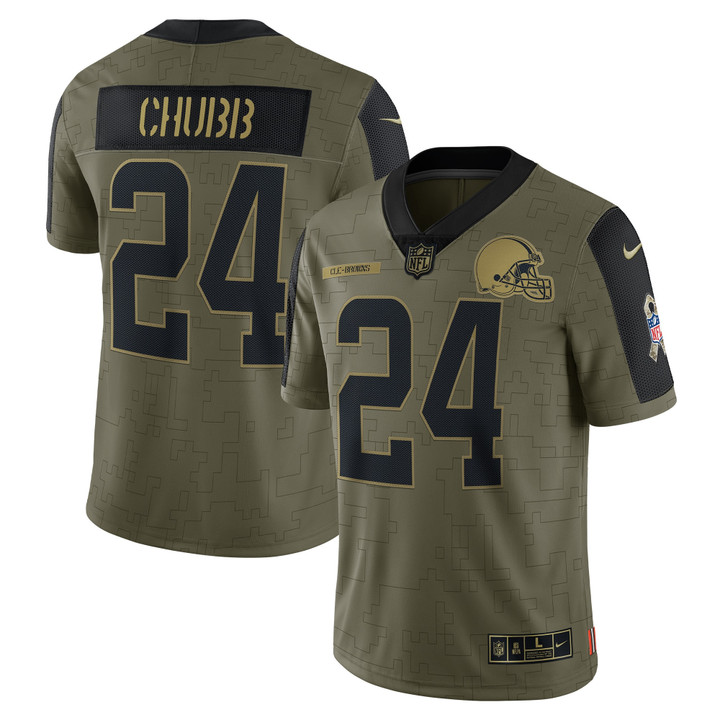Mens Cleveland Browns Nick Chubb Olive 2021 Salute To Service Player Jersey gift for Cleveland Browns fans