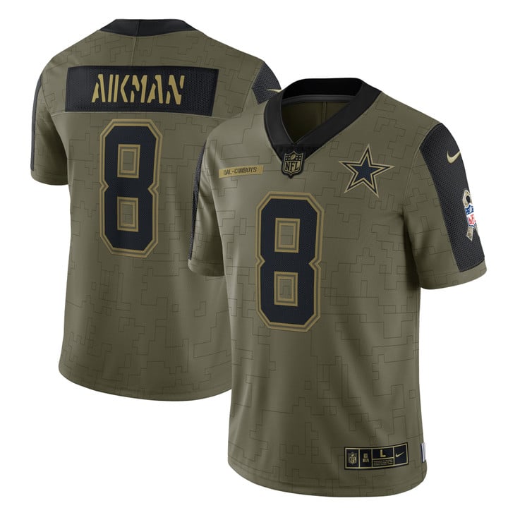 Mens Dallas Cowboys Troy Aikman Olive 2021 Salute To Service Retired Player Jersey gift for Dallas Cowboys fans