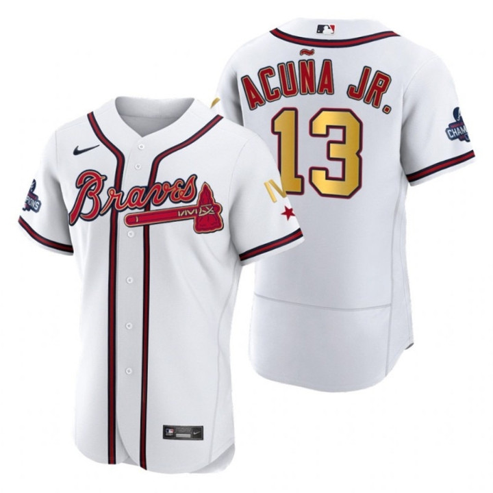 Atlanta Braves Ronald Acuna Jr. 13 MLB 2021 MLB Champions Baseball White Jersey Gift For Braves Fans
