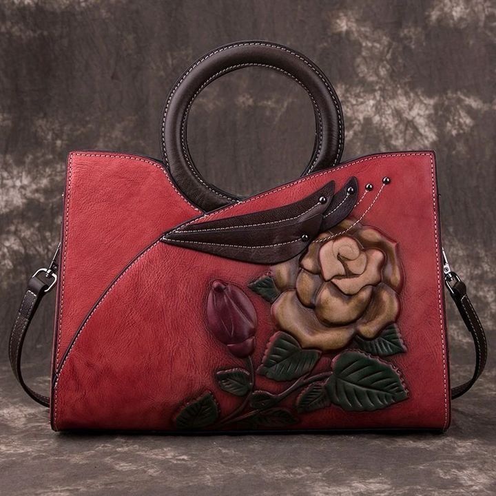 Aurora™ - Luxury Genuine Leather Designer Handbags for Women, Organizer Crossbody Bag Large Satchel Vintage Floral Pattern Embossing Totem Shoulder Bag