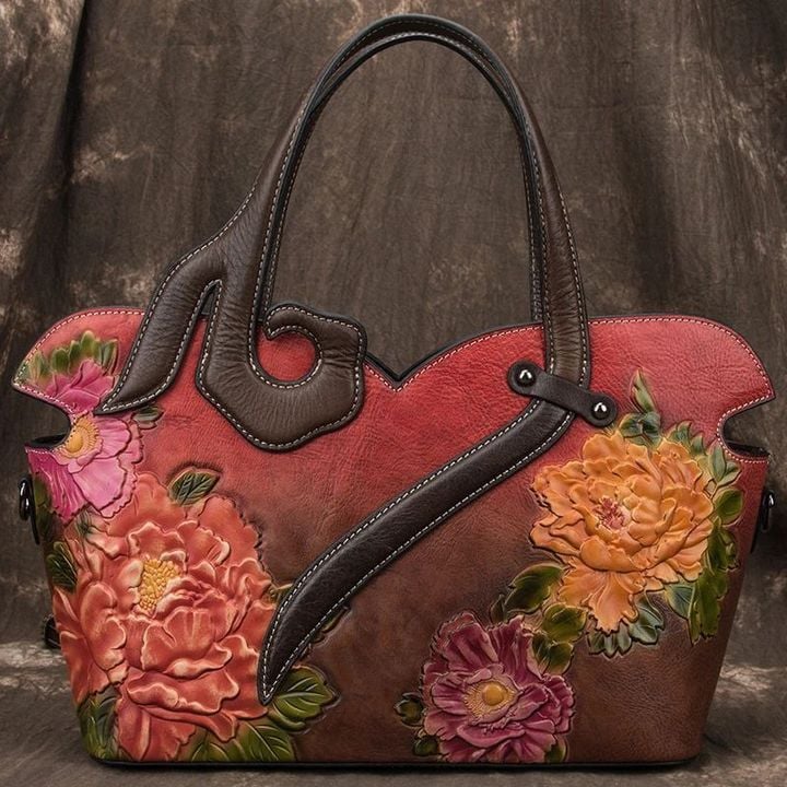 Louisa™ - Luxury Embossed Genuine Leather Designer Handbags for Women, Organizer Crossbody Bag Large Satchel Vintage Floral Pattern Embossing Totem Shoulder Bag
