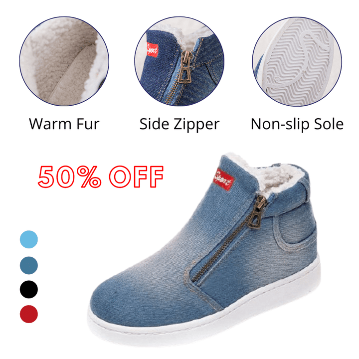 Betty™ - Women Snow Boots Side Zipper Denim Thick Warm Lining Flat Round Toe Winter Orthopedic Arch Support Comfortable Shoes