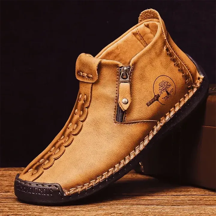 Ankle Boots Leather, Mens' Side Zipper Boots Outdoor Working Shoes Booties, Hand Stitching Casual Loafer Shoes