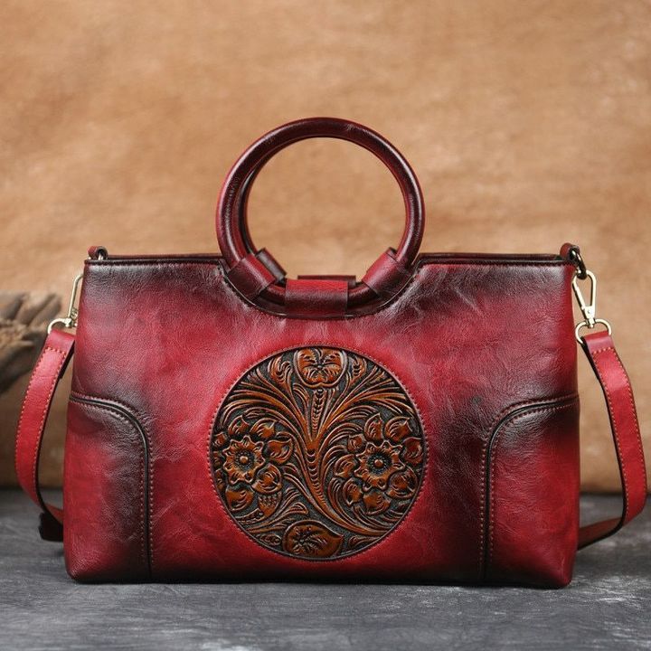 Florence™ - Luxury Genuine Leather Designer Handbags for Women, Organizer Crossbody Bag Large Satchel Vintage Embossing Totem Shoulder Bag