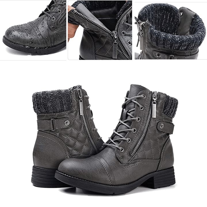 Alessia - Women's Autumn Winter Combat Boots Lace up Ankle Booties with Zipper Closure