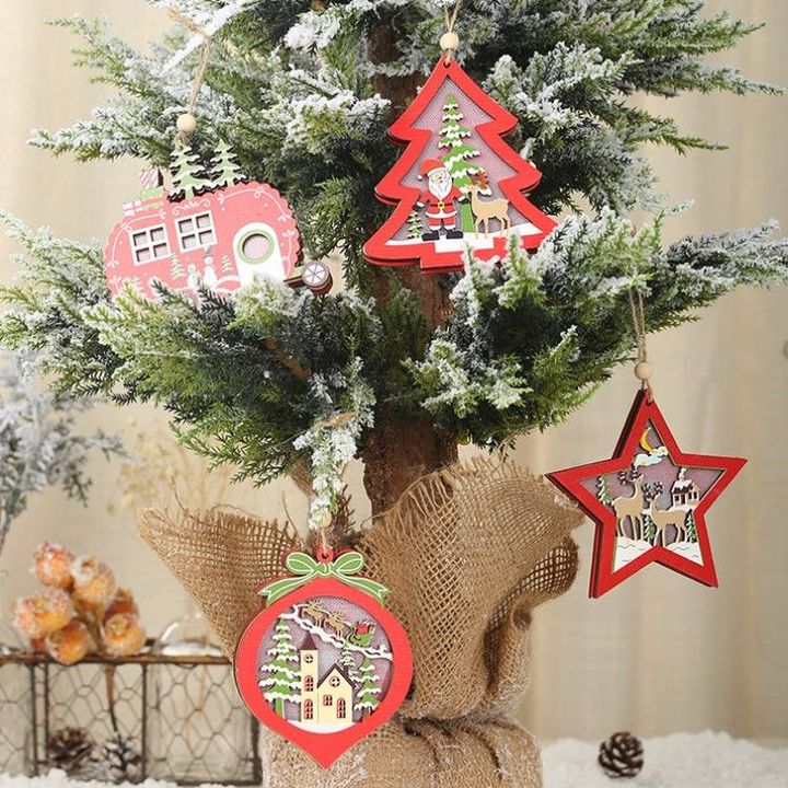 [Baterry Included]  LED Wooden Christmas Hanging Ornaments for Indoor/Outdoor Holidays, Party Decoration, Tree Ornaments, Events, and Christmas