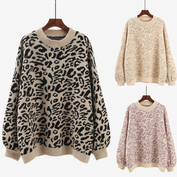 Leopard knitted warm winter casual comfortable womens sweater