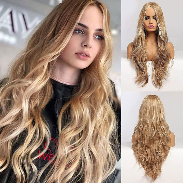 26 Inches Long Curly Heat Resistant Synthetic Fibre Hair Wigs for Women - Long Wavy Ombre Blonde Wigs for Daily/Party Use