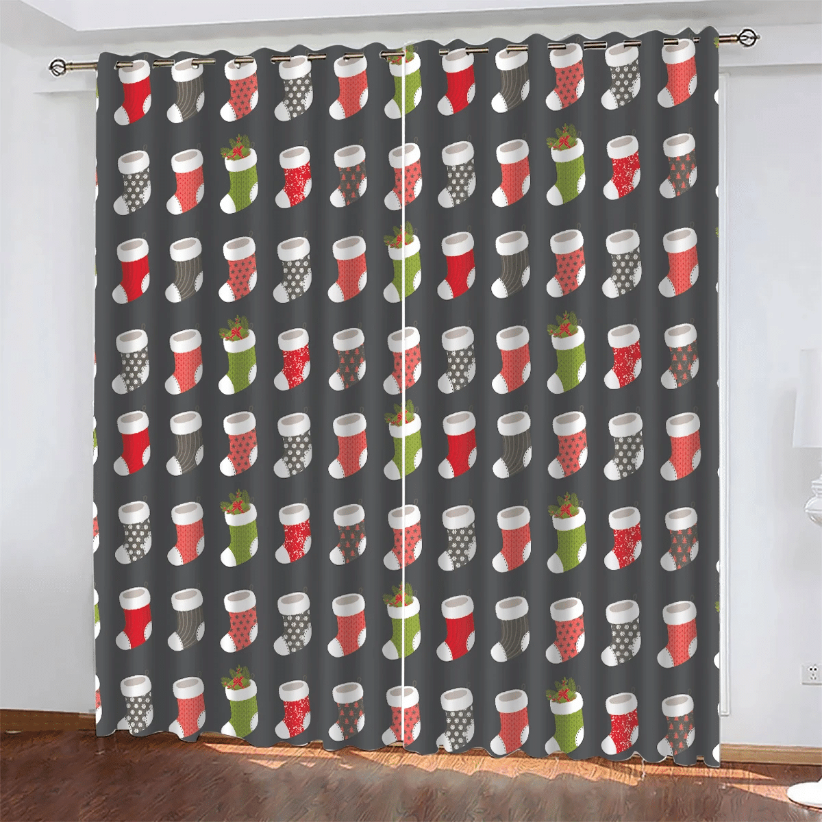 Colorful Christmas Sock On Gray Background Window Curtains Door Curtains Home Decor