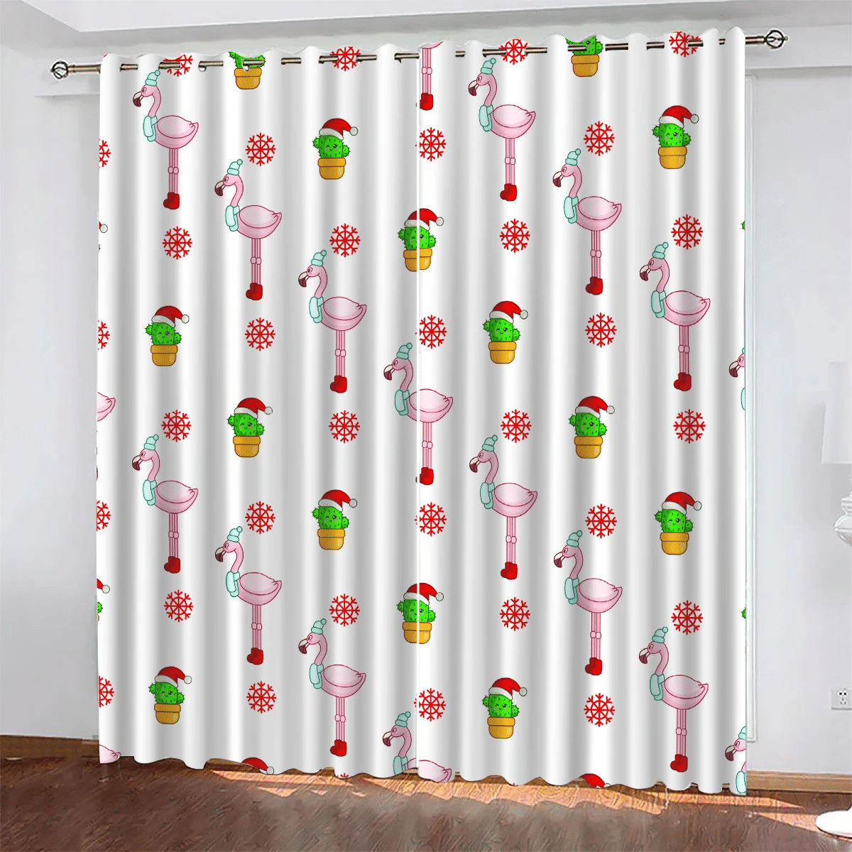 Christmas Time Flamingo Snowflakes And Cactus Window Curtains Door Curtains Home Decor